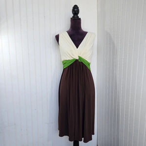 Suzi Chin Maggy Boutique Dress Womens Brown Ivory Green Empire Waist Stretch 8